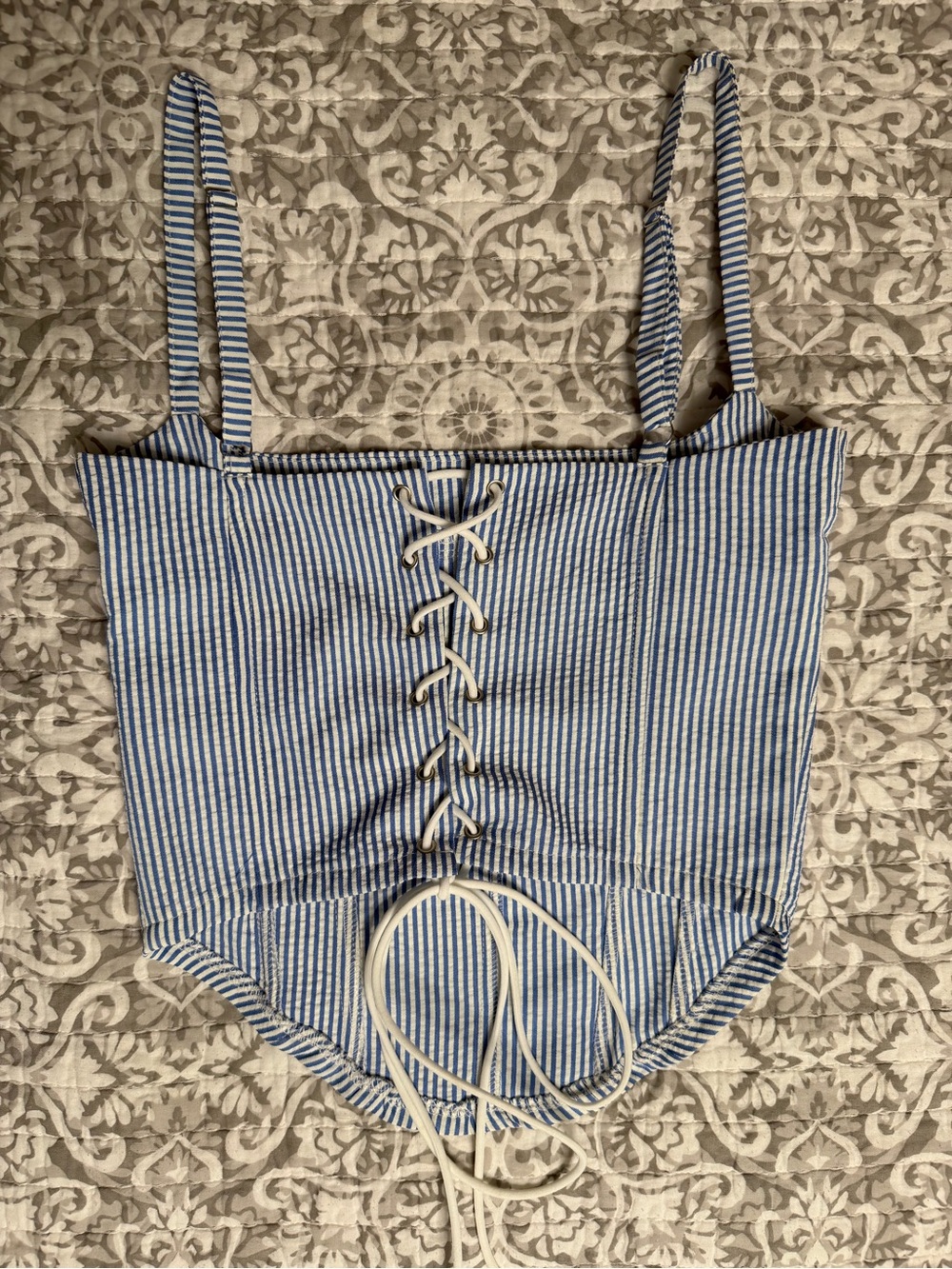 Edikted Pink Logo Tag on Blue & White Striped Garment